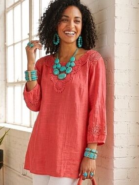 Zac & Rachel Plus SZ 1X Pullover peasant Top Color EUC Melon Coral GENTLY USED